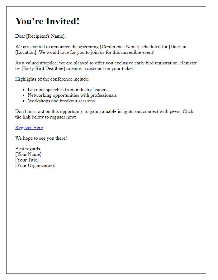 Letter template of personalized invitation for early bird conference registration