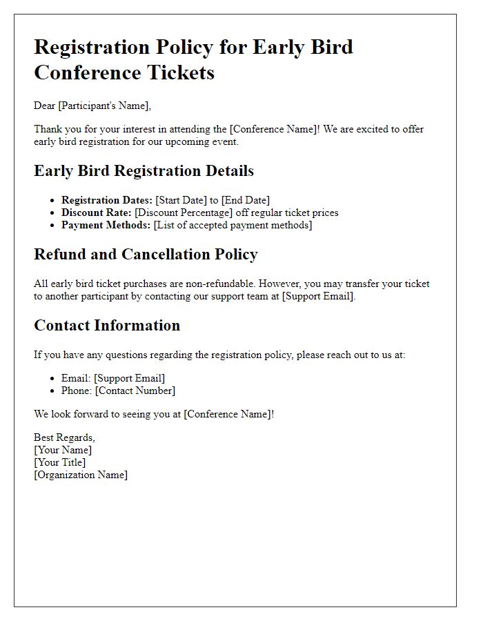 Letter template of registration policy for early bird conference tickets