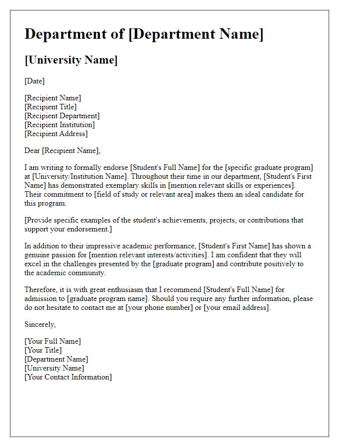 Letter template of departmental graduate program endorsement.