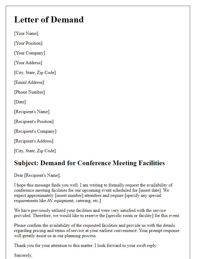 Letter template of demand for conference meeting facilities