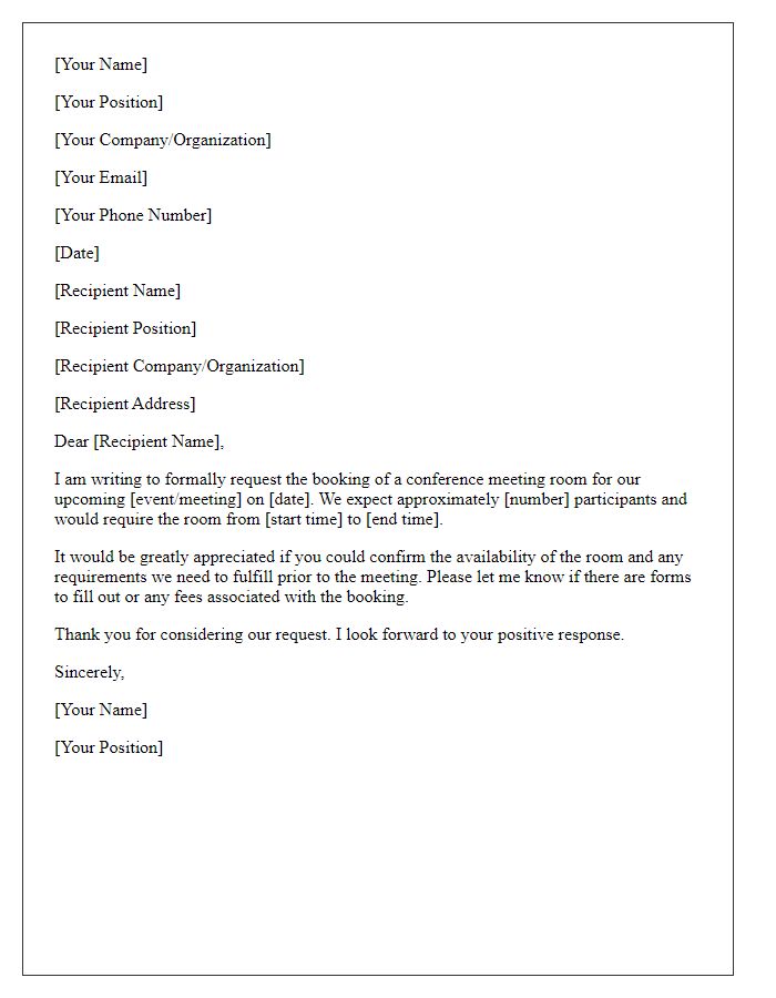 Letter template of formal request for booking a conference meeting room