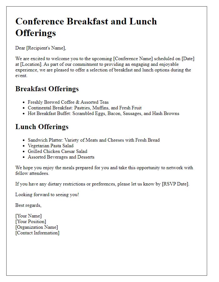 Letter template of conference breakfast and lunch offerings.