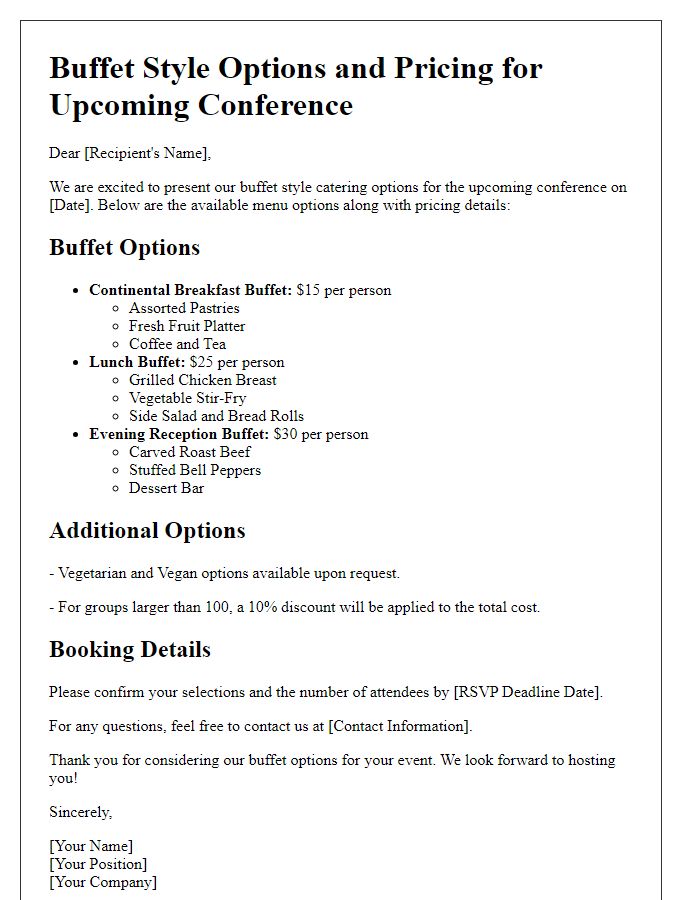 Letter template of conference buffet style options and pricing.