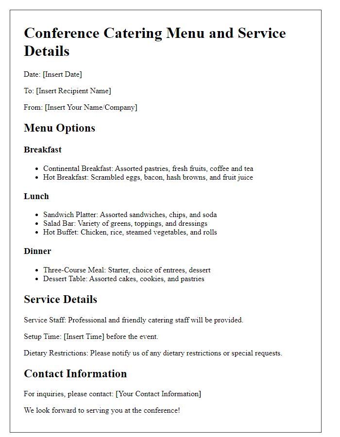 Letter template of conference catering menu and service details.