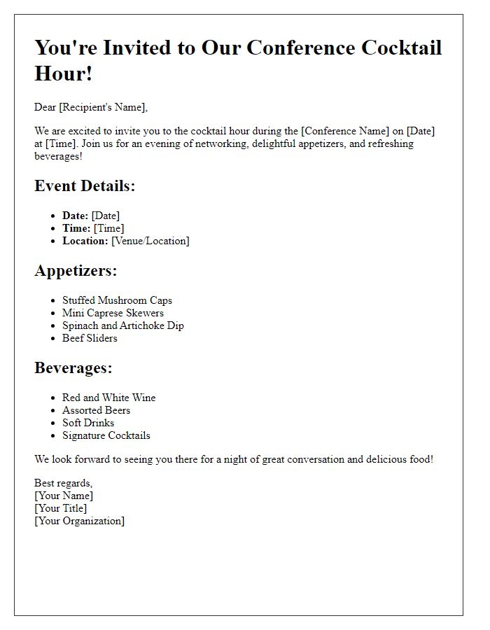 Letter template of conference cocktail hour appetizers and drinks.