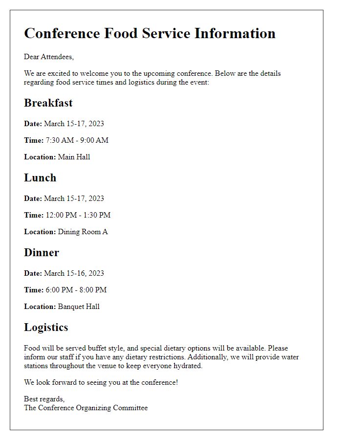 Letter template of conference food service times and logistics.