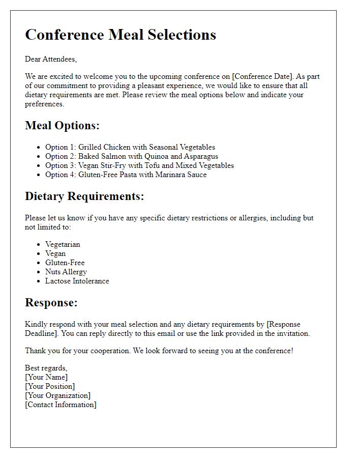 Letter template of conference meal selections and dietary requirements.