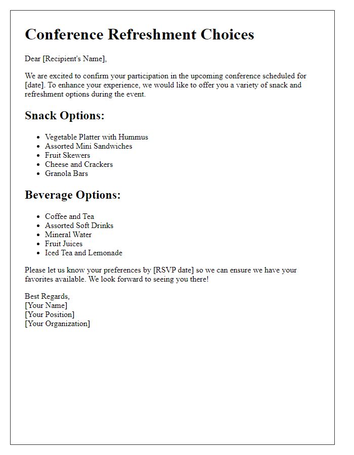 Letter template of conference snack and refreshment choices.