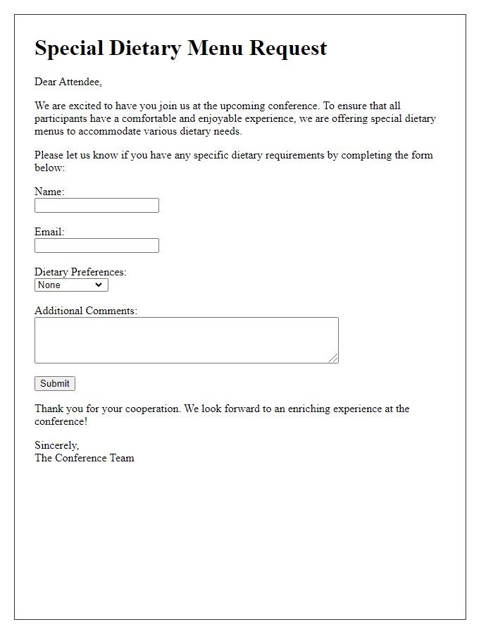 Letter template of conference special dietary menus for attendees.