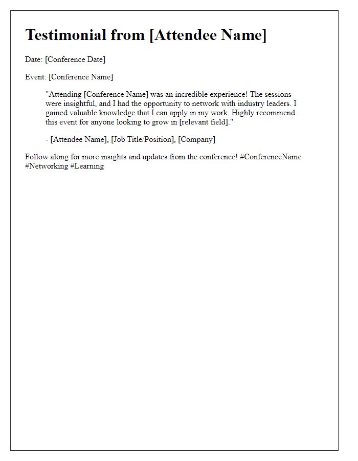 Letter template of conference attendee testimonials for social media