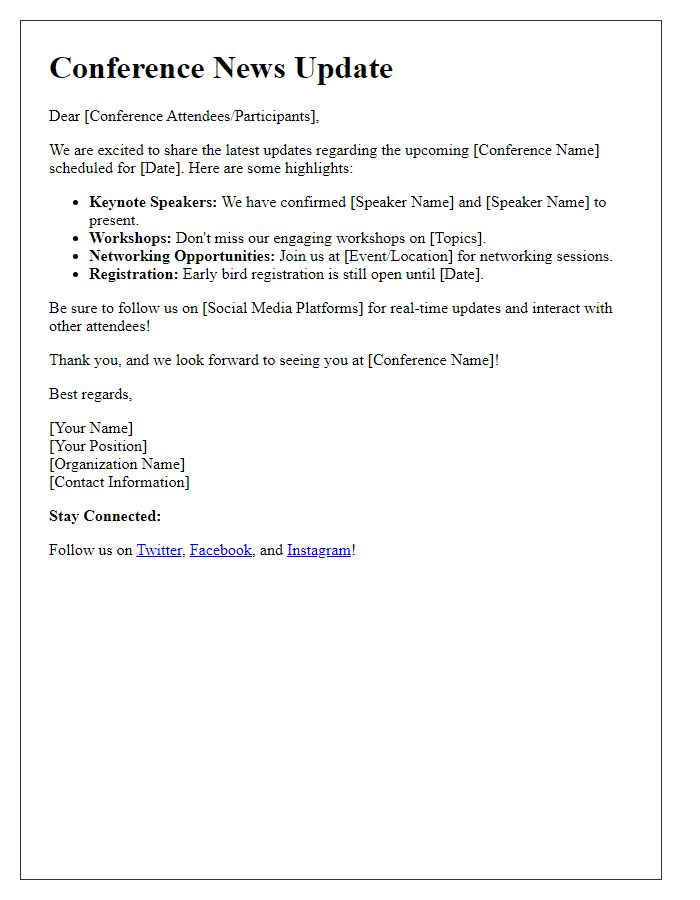 Letter template of conference news updates for social media