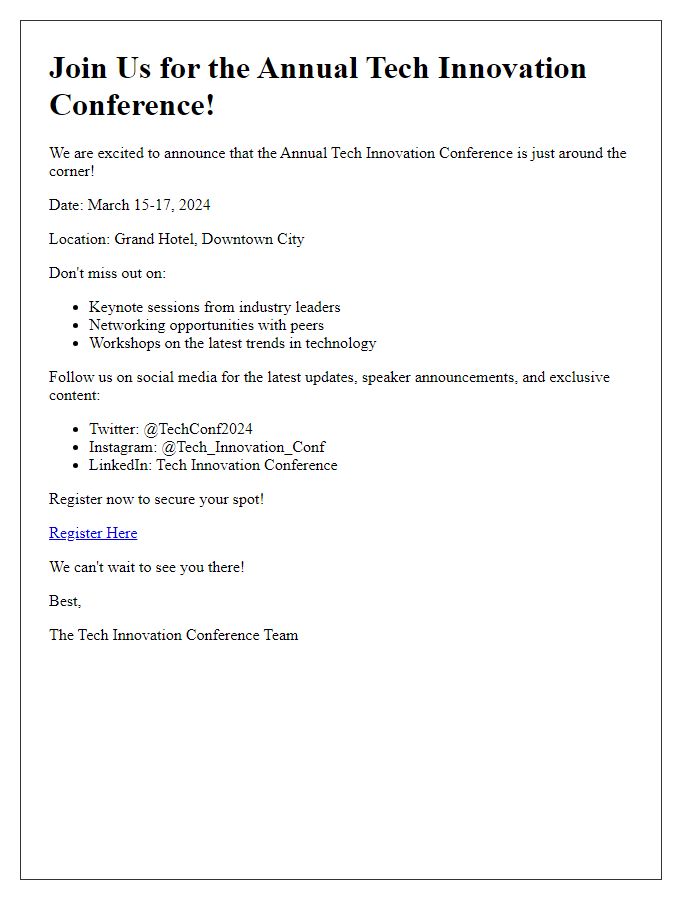 Letter template of conference social media announcement