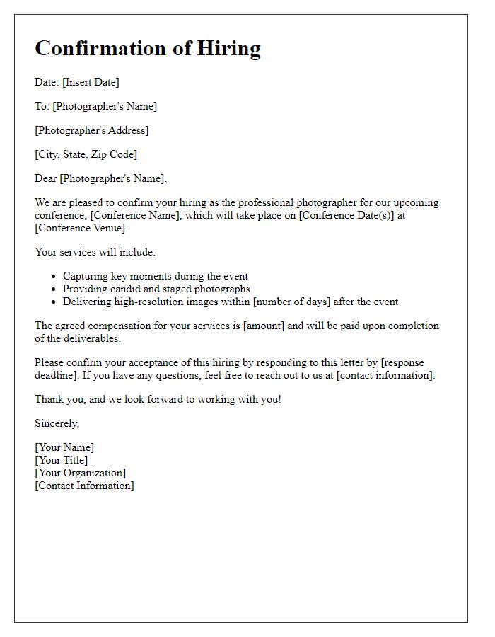 Letter template of confirmation for hiring a professional photographer at the conference.