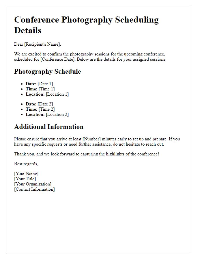 Letter template of scheduling details for conference photography sessions.