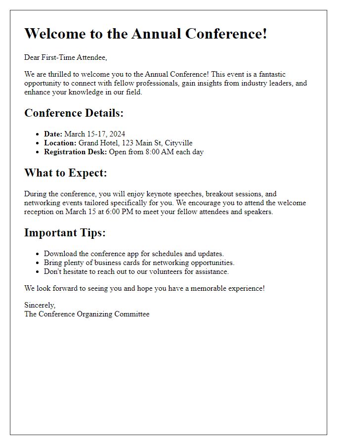 Letter template of conference welcome guide for first-time attendees.