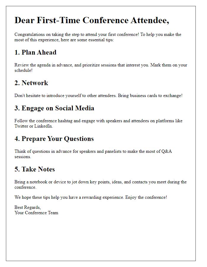 Letter template of essential tips for first-time conference attendees.