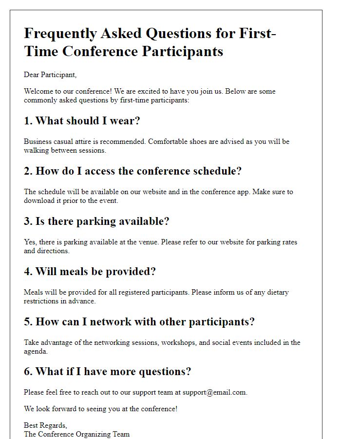 Letter template of FAQs for first-time conference participants.