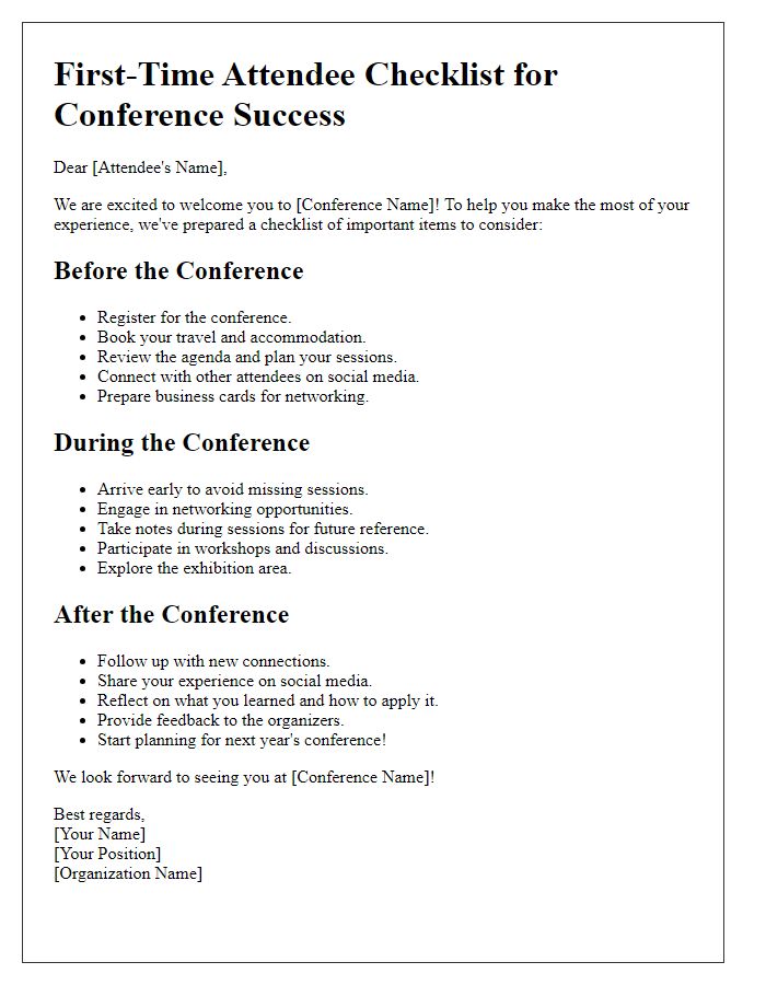 Letter template of first-time attendee checklist for conference success.