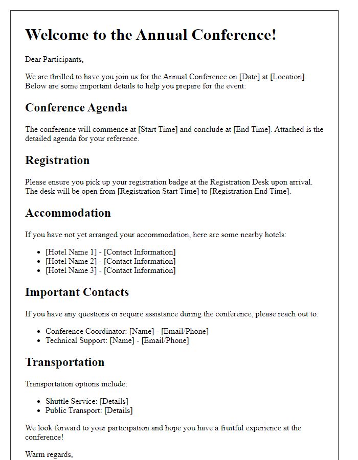 Letter template of orientation information for new conference participants.