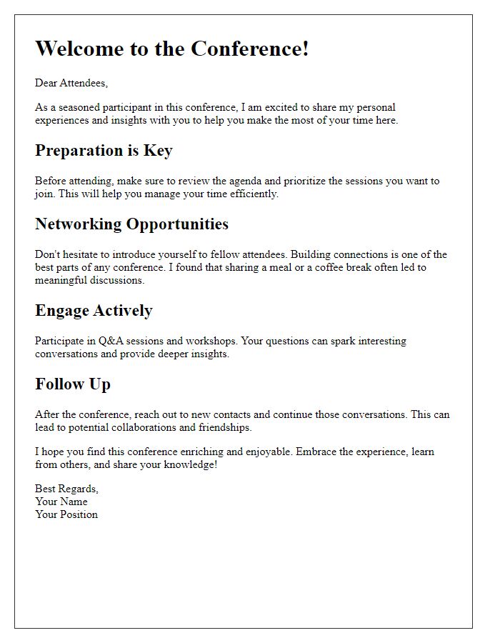 Letter template of personal experiences and insights for new conference attendees.