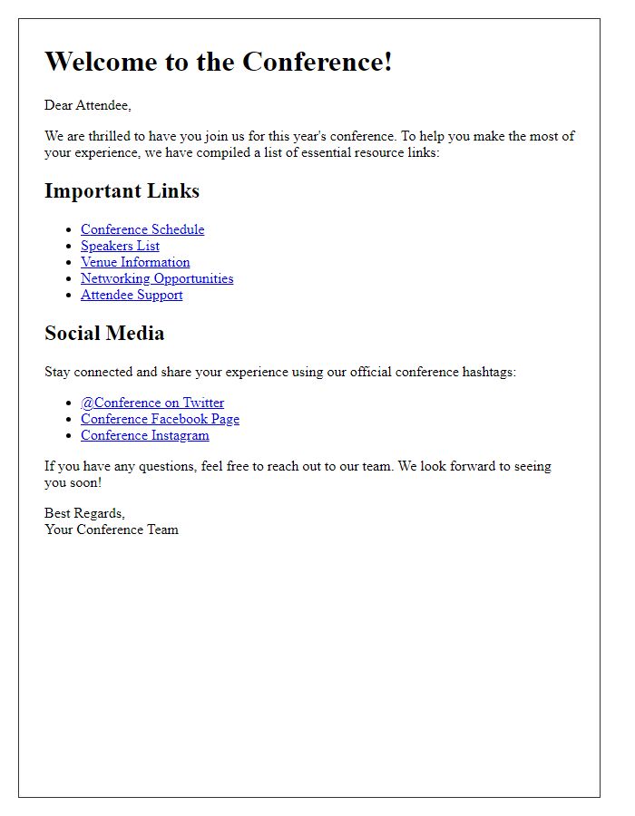 Letter template of resource links for new attendees at conferences.