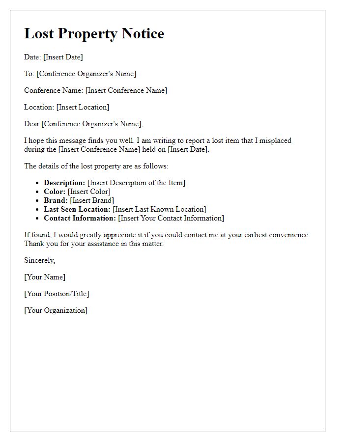 Letter template of Conference Attendee Lost Property Notice