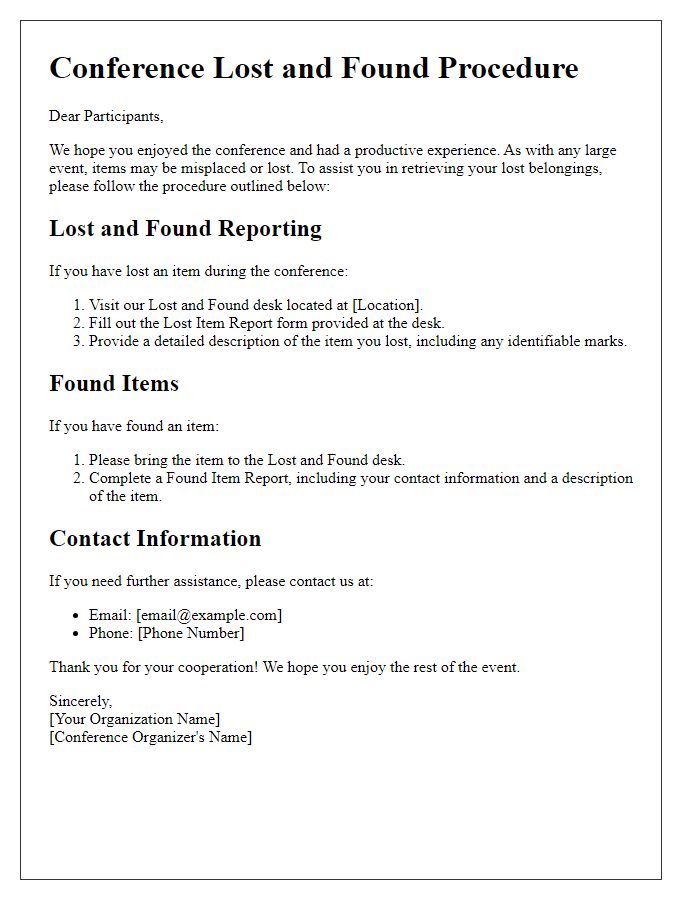 Letter template of Conference Lost and Found Procedure