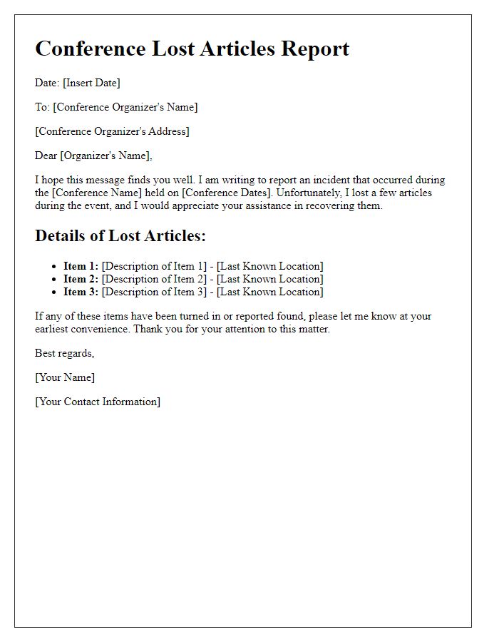 Letter template of Conference Lost Articles Report