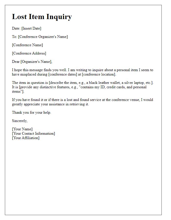 Letter template of Conference Lost Item Inquiry