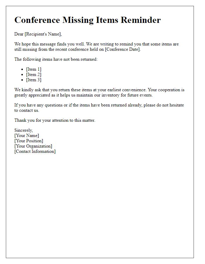 Letter template of Conference Missing Items Reminder