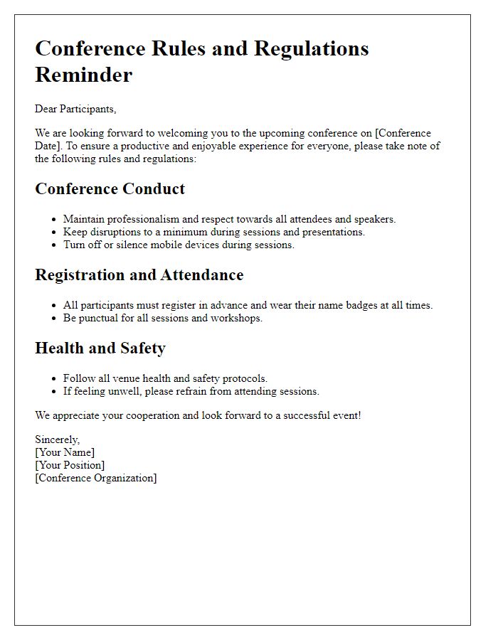 Letter template of conference rules and regulations reminder