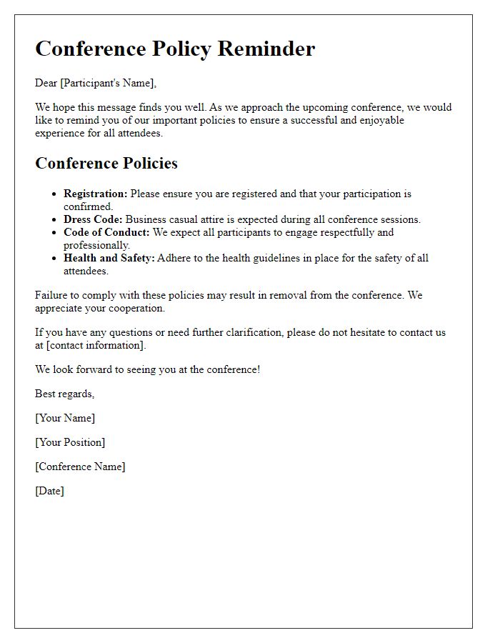 Letter template of notification for conference policy reminders