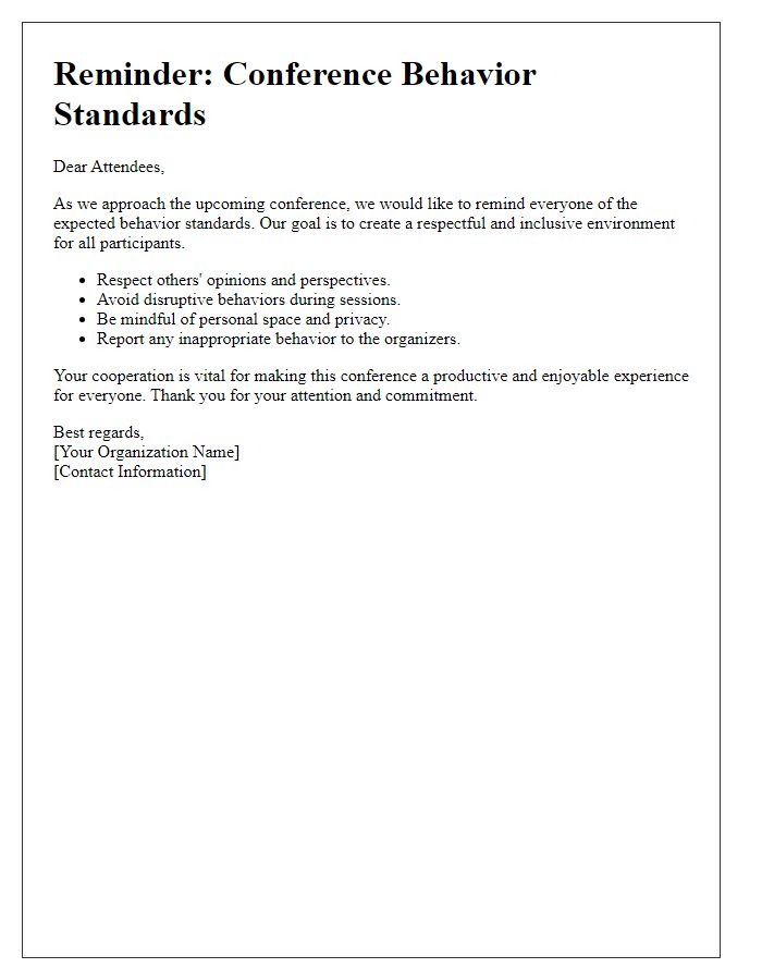 Letter template of reminder for conference behavior standards