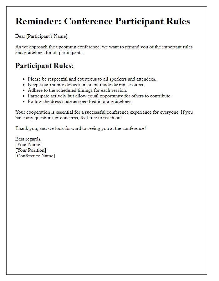 Letter template of reminder for conference participant rules