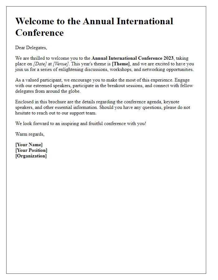 Letter template of conference greeting brochures for delegates.