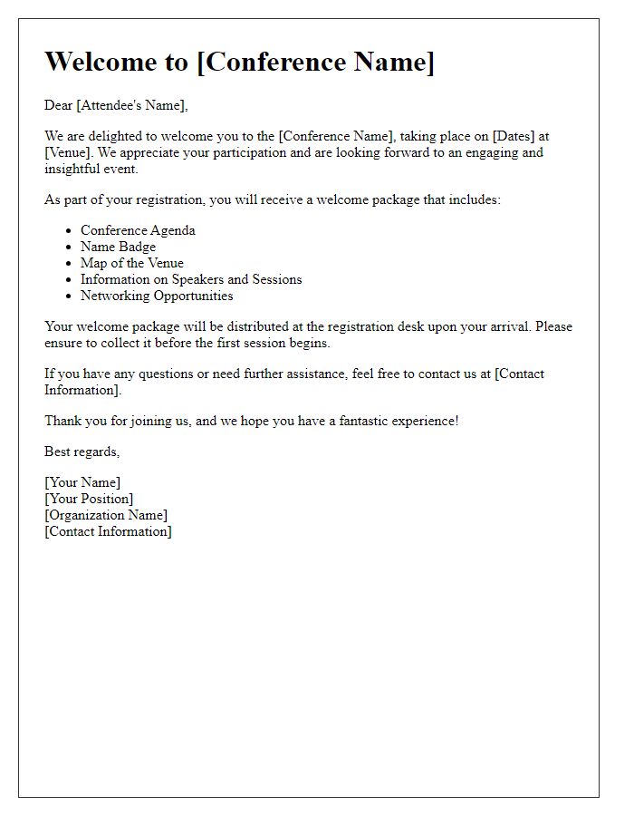 Letter template of conference welcome package distribution.