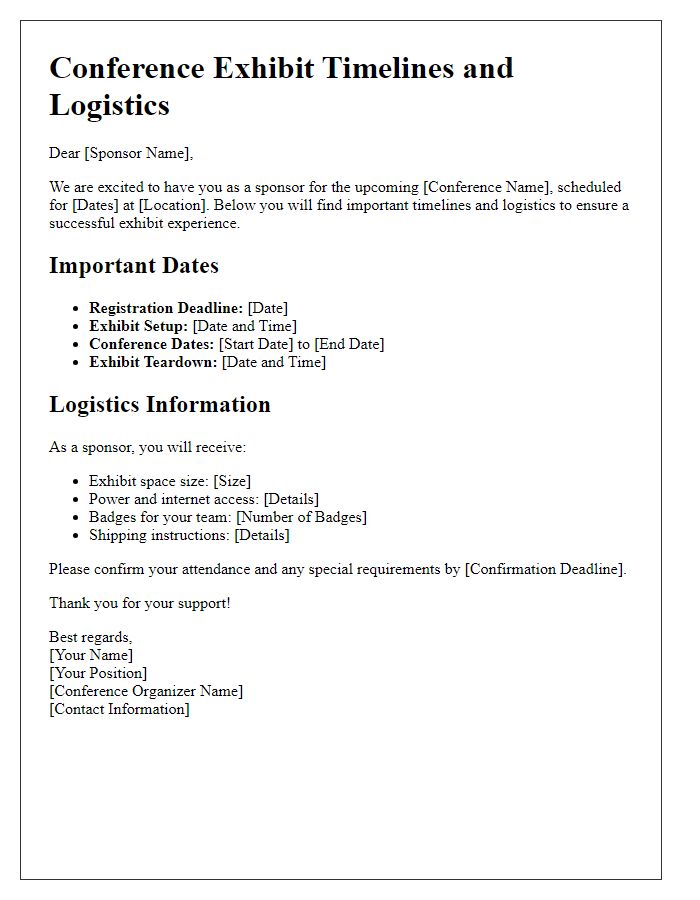 Letter template of conference exhibit timelines and logistics for sponsors