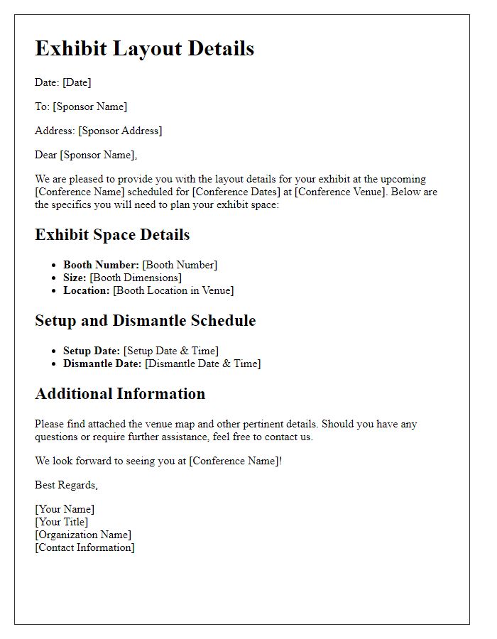 Letter template of exhibit layout details for conference sponsors