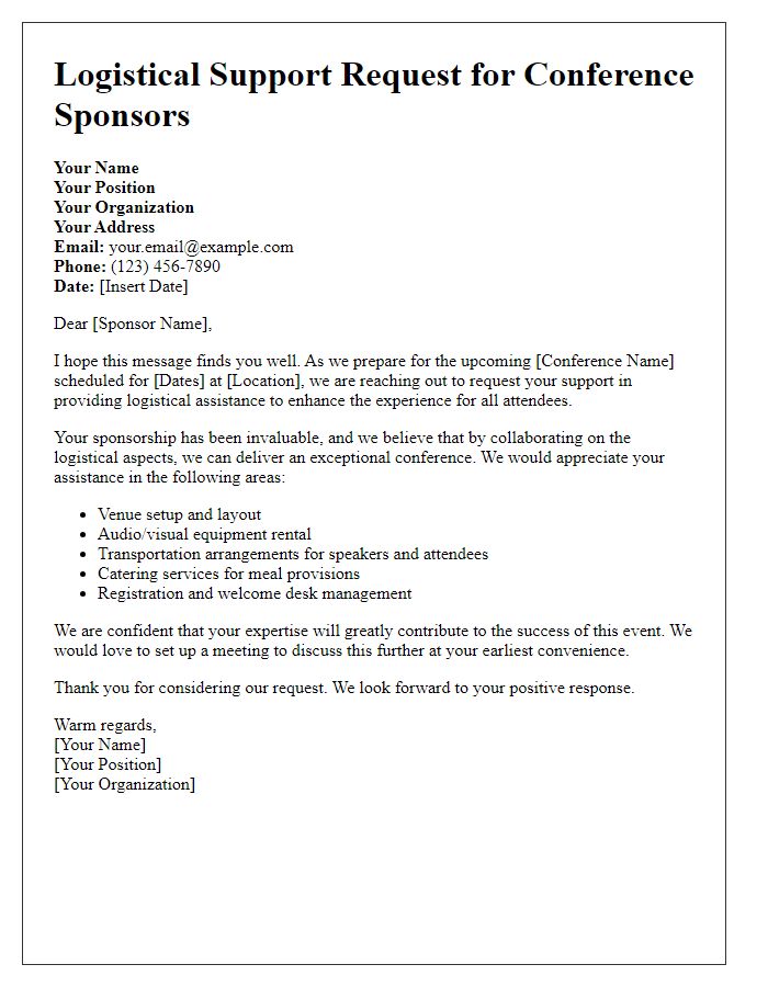 Letter template of logistical support request for conference sponsors