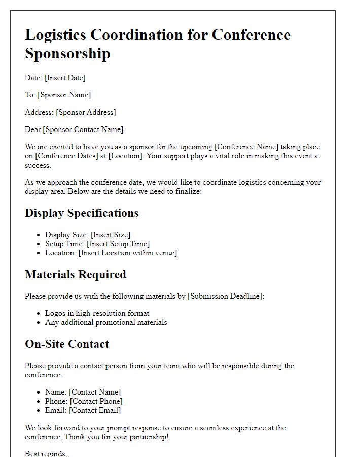 Letter template of logistics coordination for sponsor display at conference