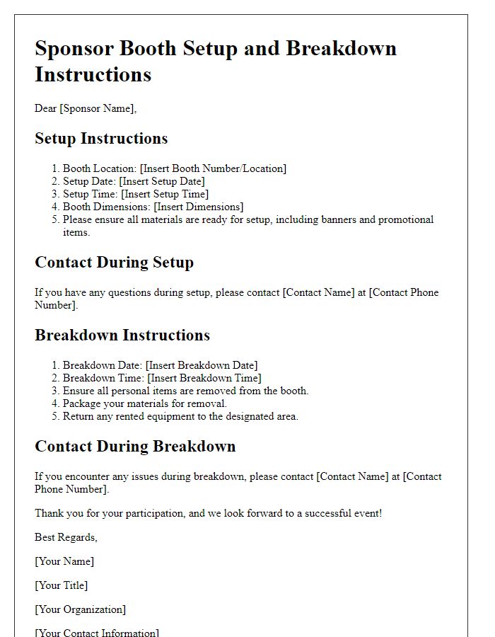 Letter template of sponsor booth setup and breakdown instructions