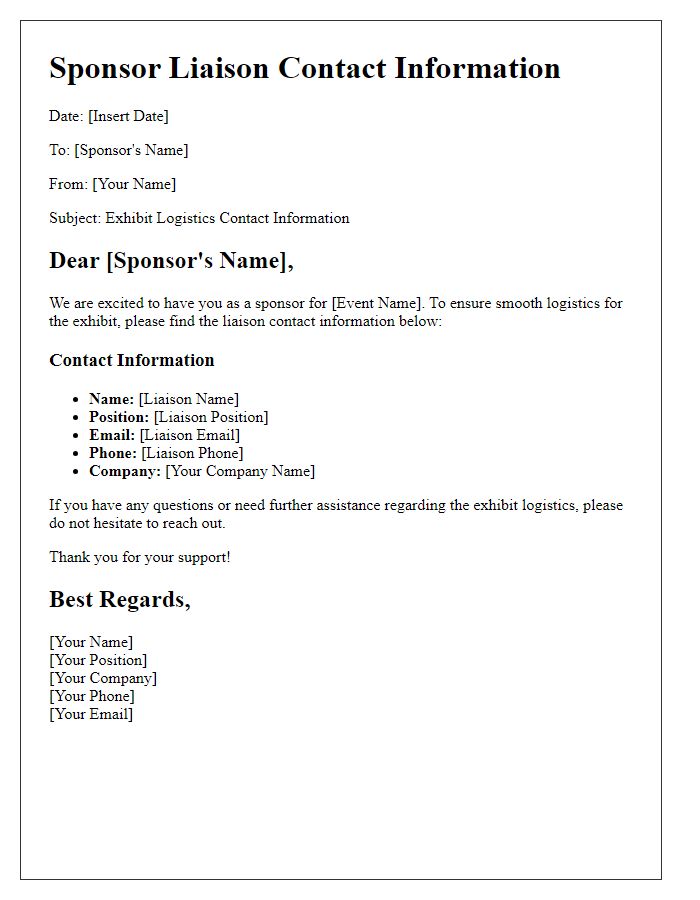 Letter template of sponsor liaison contact information for exhibit logistics