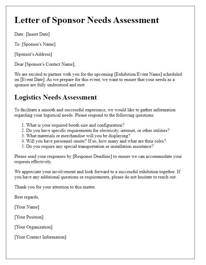 Letter template of sponsor needs assessment for exhibition logistics