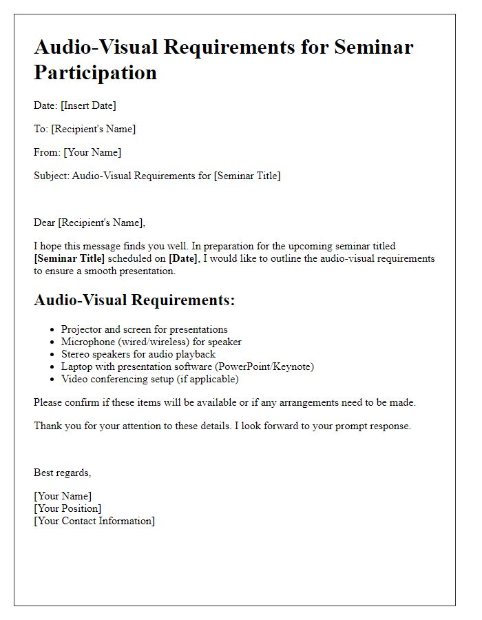 Letter template of audio-visual requirements for seminar participation