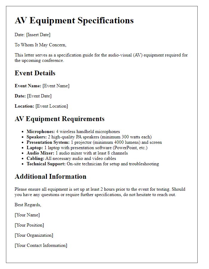 Letter template of AV equipment specifications for conference setup