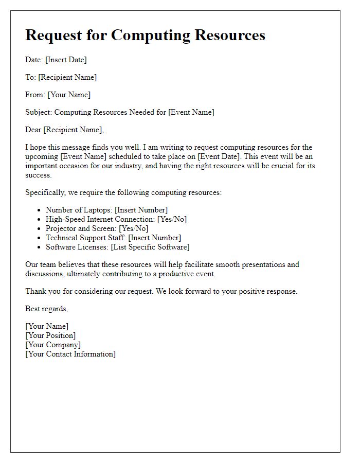 Letter template of computing resources needed for industry event