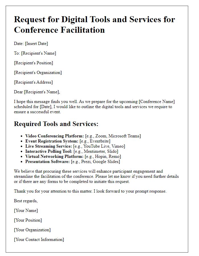 Letter template of digital tools and services needed for conference facilitation