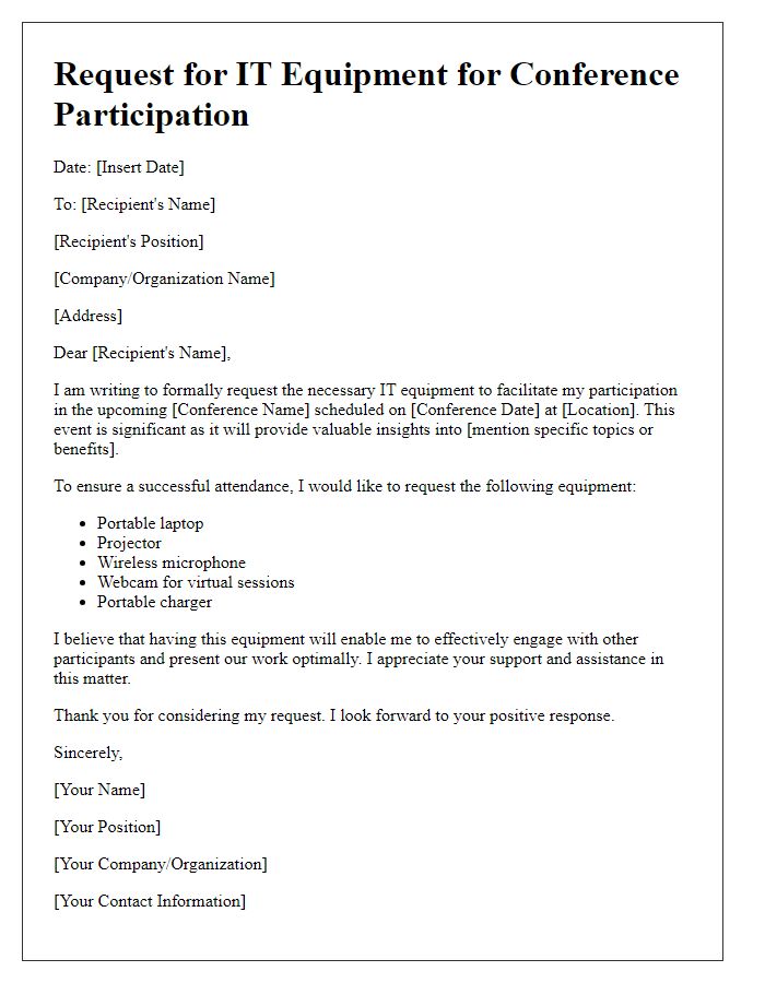 Letter template of IT equipment needs for conference participation