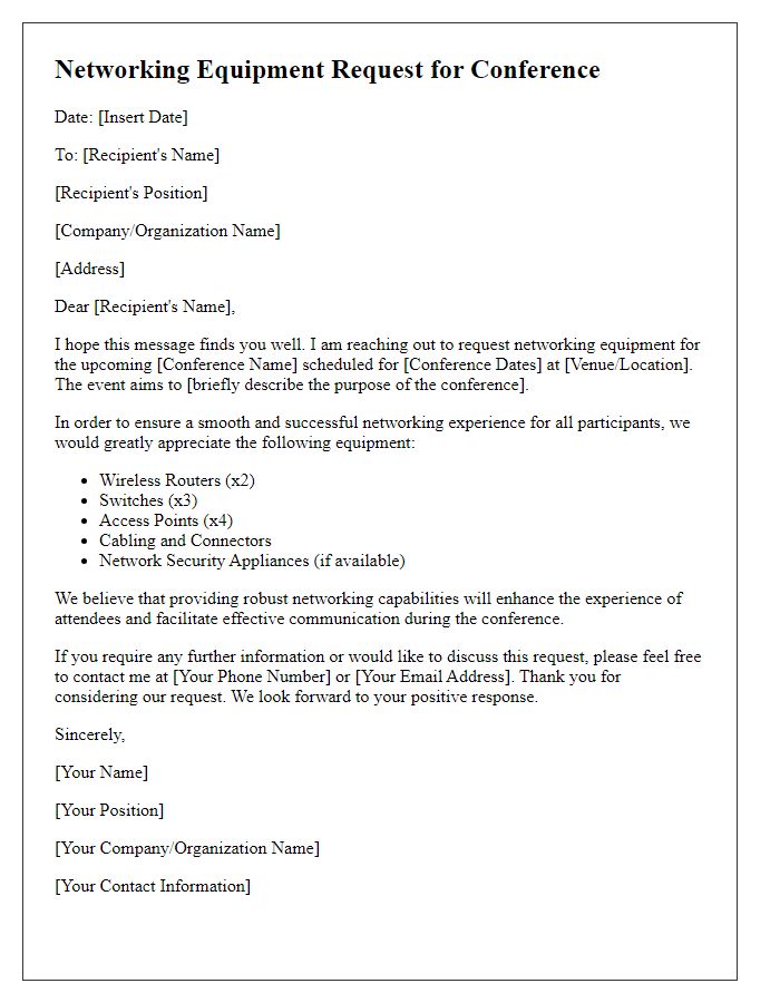 Letter template of networking equipment request for conference networking