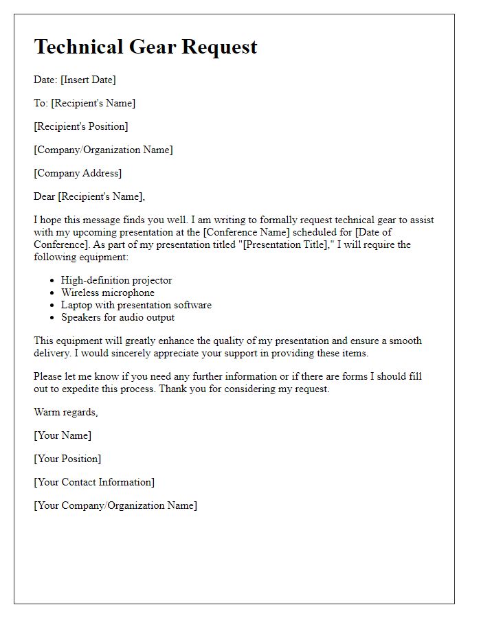 Letter template of technical gear request for conference presentation